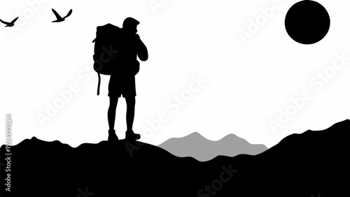 Hiker standing on mountain peak with backpack looking at sunset sky with birds flying