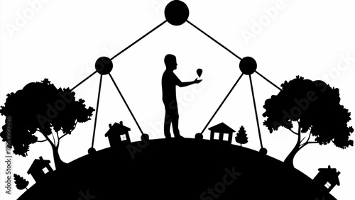 Person standing on hill balancing globe with lines and nodes connecting trees and houses