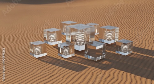 Group of transparent glass cubes with glowing internal structures on desert sand dunes.