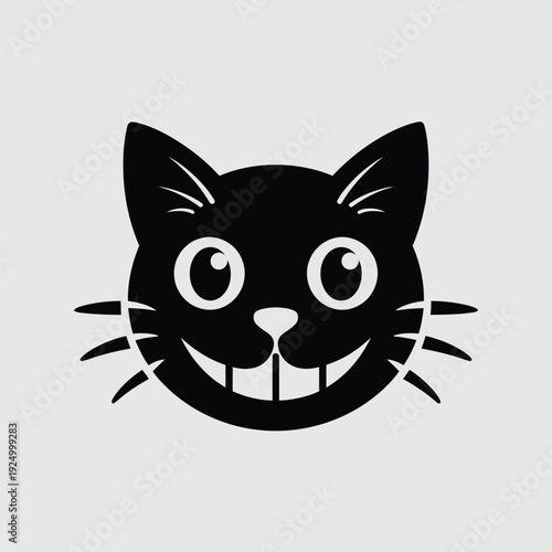 A classic grinning black cat illustration with wide eyes and sharp whiskers isolated on white background, Vector, illustration