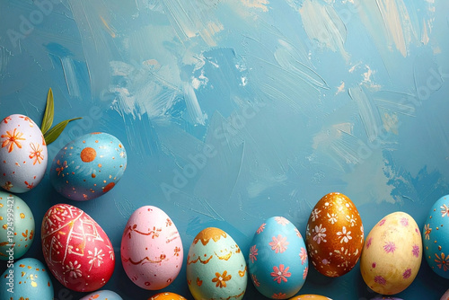 Easter eggs on a bright turquoise background. Easter celebration concept. Colorful easter handmade decorated Easter eggs. Place for text. Copy space. High quality photo