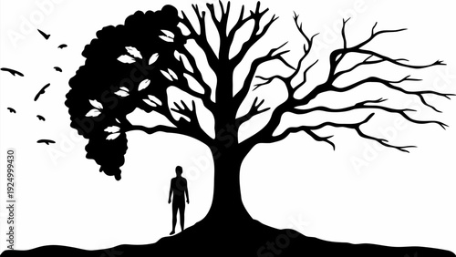Silhouette of a person standing under a large tree with one side flourishing and the other bare symbolizing contrast