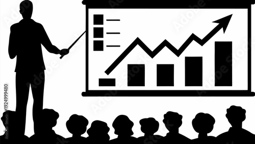 Entrepreneur presenting startup growth chart to audience with increasing graph