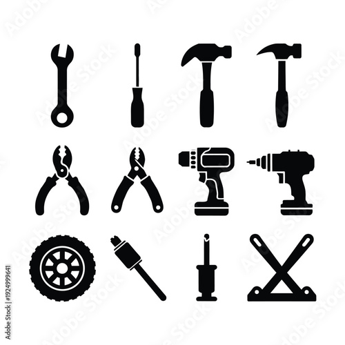 Classic black and white illustration of various hand and power tools isolated on white background, Vector, illustration