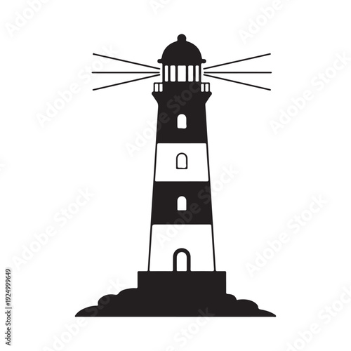 A black and white illustration of a lighthouse with beams of light on a rocky base  a classic nautical symbol for safety and guidance