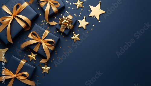 Top view of multiple blue gift boxes with golden ribbons and bows, scattered with gold stars and confetti on a dark blue background.
