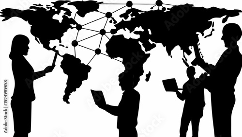 Silhouette of business people interacting with global network on world map screen