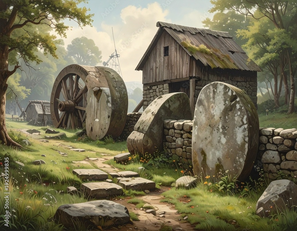 Obraz premium Rustic Mill Scene - A Tranquil Landscape with Water Wheel and Stone Pathway.
