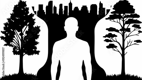 Split silhouette illustration of person standing between trees and city skyline at dusk