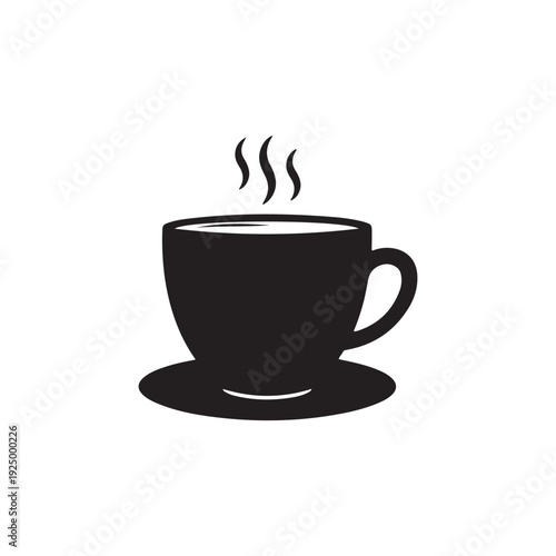 A black coffee cup with steam rising from it on a saucer isolated on white background