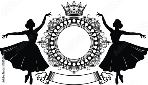 Elegant black silhouette of two ballet dancers flanking a vintage ornate frame with a crown and banner, perfect for classical performance.