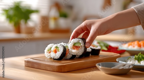 Natural light photo, rolling sushi in a cozy kitchen, top view or side view, candid composition, human touch included (hand spreading rice, placing fillings, or slicing rolls), clean background with