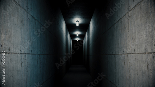 Dark Concrete Corridor with Flickering Ceiling Lights, Empty Underground Hallway, 4K