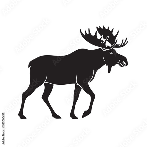 Majestic black silhouette of a bull moose with large antlers, walking with power. Perfect for nature, wilderness, or strength themes.
