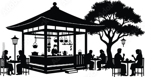 Black silhouette of a traditional Japanese tea house with people sitting at tables drinking tea under a large tree, outdoors.