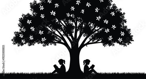 Silhouettes of two young girls sitting and reading books under a large blooming tree in a field, representing education and nature.