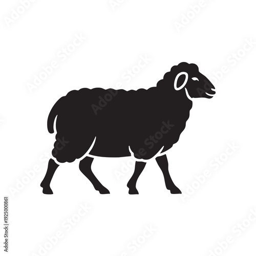 Simple black silhouette of a fluffy sheep walking peacefully. Perfect for farm life, pastoral scenes, or concepts of innocence and gentleness.