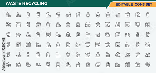 Waste Recycling linear icon collection. Minimalist vector collections. Editable stroke. Trash vector line icon set. Contains such symbols as recycling, ecology, reuse, recycle, trash and more.