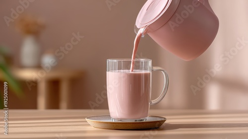 Natural light photo, blending a smoothie in a cozy kitchen, top view or side view, candid composition, human touch included (hand pouring ingredients, pressing blender button, or pouring into a