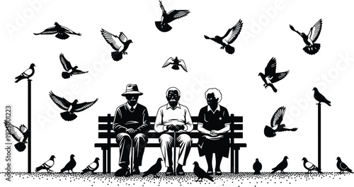 Silhouettes of three elderly people sitting on a park bench surrounded by flying pigeons, representing senior leisure and retirement life.