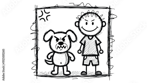 A cheerful cartoon boy stands beside a quirky dog with a scratchy drawing style and a sunny background