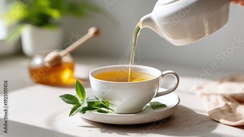 Natural light photo, preparing tea in a cozy kitchen, top view or side view, candid composition, human touch included (hand steeping leaves, pouring hot water, or adding honey), clean background with