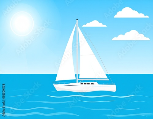 Sailboat Sailing on the Blue Ocean Under a Bright Sunny Sky with Clouds.