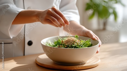 Natural light photo, making salad bowl in a cozy kitchen, top view or side view, candid composition, human touch included (hand tossing greens, sprinkling seeds, or drizzling dressing), clean