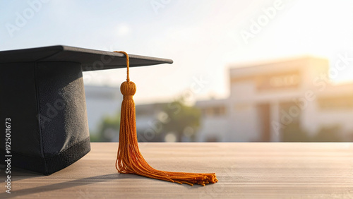 Graduation Cap with Tassel Against University Building Background