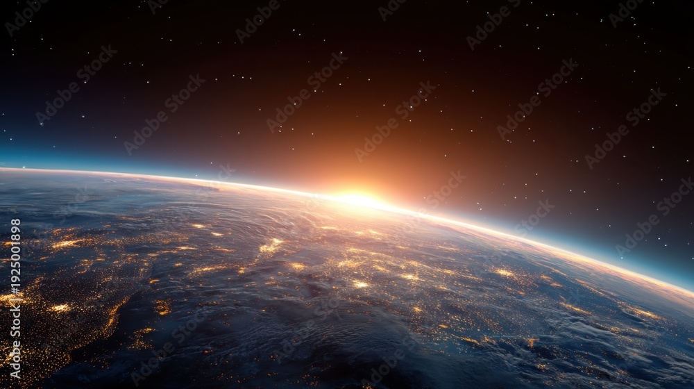 Fototapeta premium Earth in space with city lights at night and sunrise from above. Global network and connection concept for travel, science.