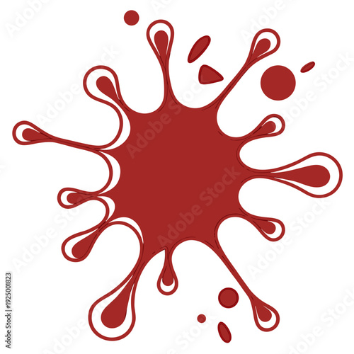 A bold red splatter shape, with irregular arms and droplets radiating outward from a central mass. It has a dynamic, fluid look like paint or ink bursting across a surface giving it an abstract.