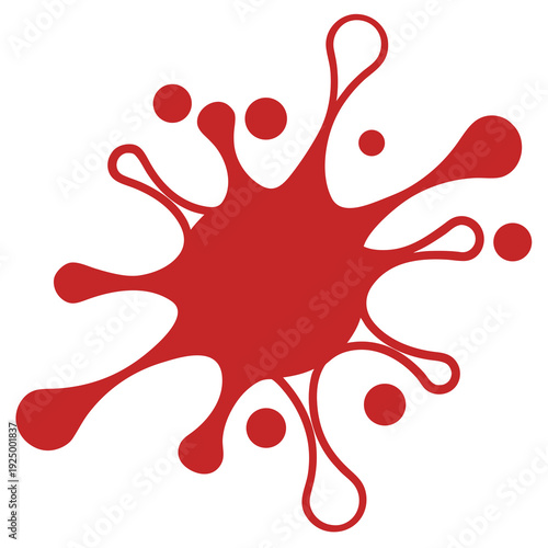 A bold, abstract splash design in a vibrant deep red color against a plain white background.