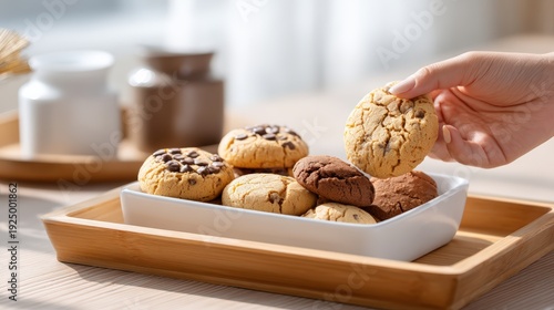 Natural light photo, baking homemade cookies in a cozy kitchen, top view or side view, candid composition, human touch included (hand placing dough, sprinkling chocolate chips, or holding a tray),