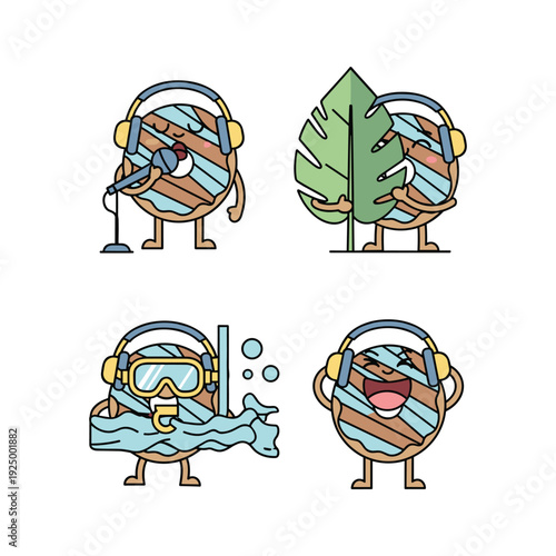 Cartoon diver characters in various activities with headphones and masks