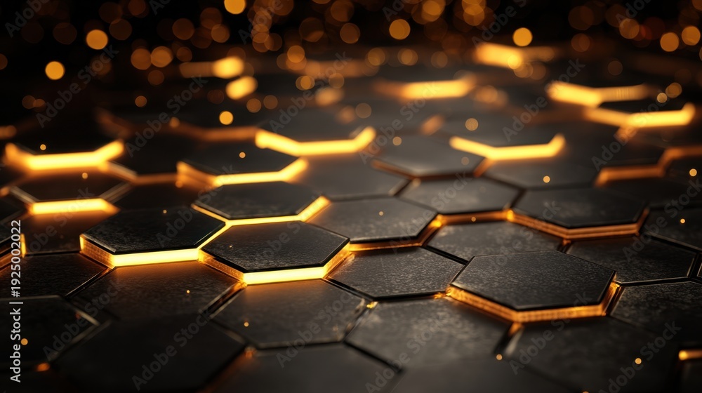 Fototapeta premium Abstract 3D rendering of black hexagonal tiles with glowing orange light. Technology background showing futuristic honeycomb pattern and energy.