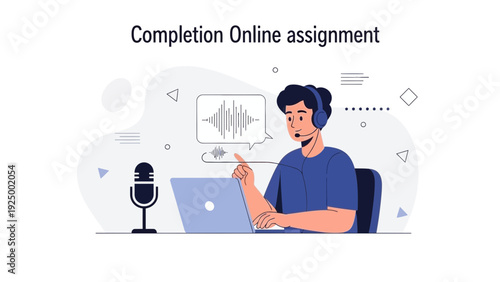 Man completing online assignment with headset and laptop, audio waveform illustration