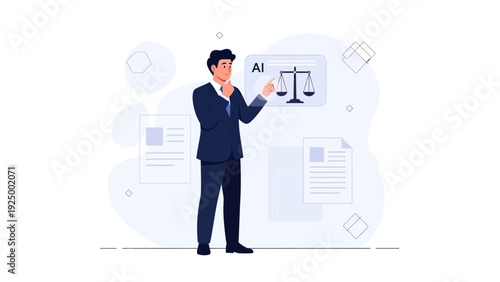 Man considering AI law and justice concept with scales of justice icon