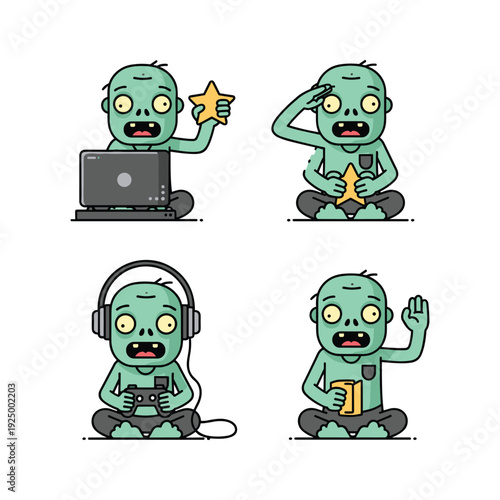Zombie character using technology with different expressions in a cartoon style