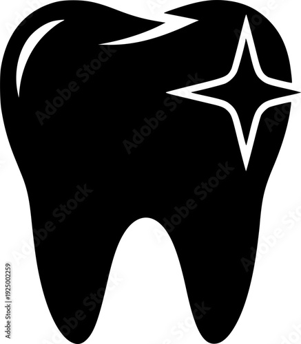 Minimalist molar tooth silhouette icon with sparkle, dental health and oral hygiene care vector illustration.