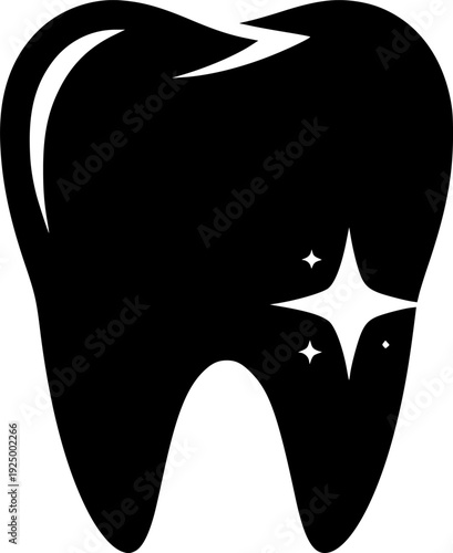 Minimalist molar tooth silhouette icon with sparkle, dental health and oral hygiene care vector illustration.