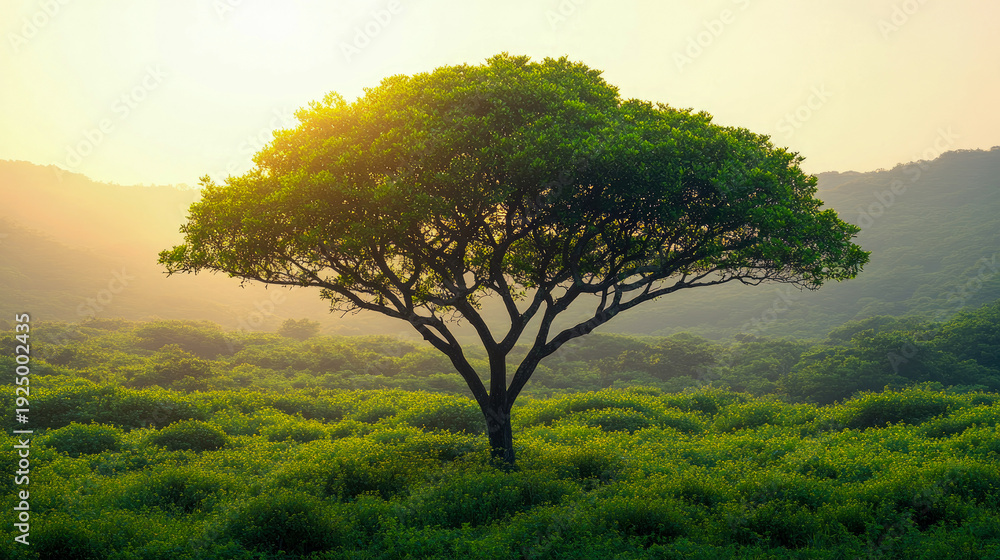 Fototapeta premium Golden hour illuminates vibrant green tree standing tall in verdant field, surrounded by misty hills, creating breathtaking serene nature scene.