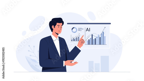 Businessman presenting AI data analysis with charts and graphs on a screen