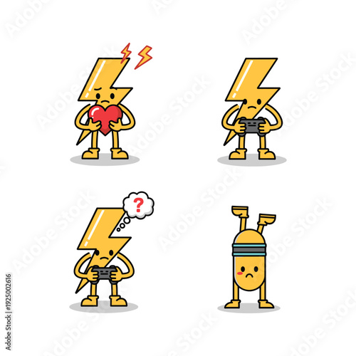 Cartoon electric plug characters showing emotions on white background