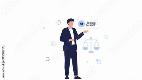 Businessman presenting AI decision balance concept with scales of justice