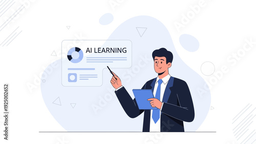 Businessman presenting AI learning with charts and data on screen