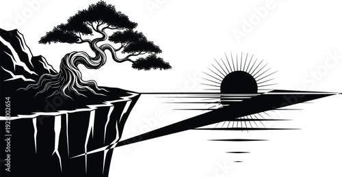 Zen landscape silhouette featuring a bonsai tree on a cliff overlooking a calm sea at sunset, representing peace, mindfulness, and tranquility.