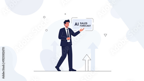 Businessman presenting AI sales forecast with upward trend arrows, business growth concept