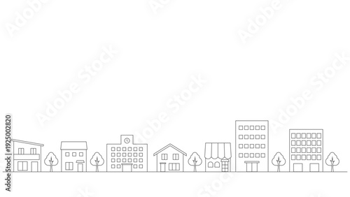 シンプルな街並みのイラストのバナー背景　線画　横長　16:9