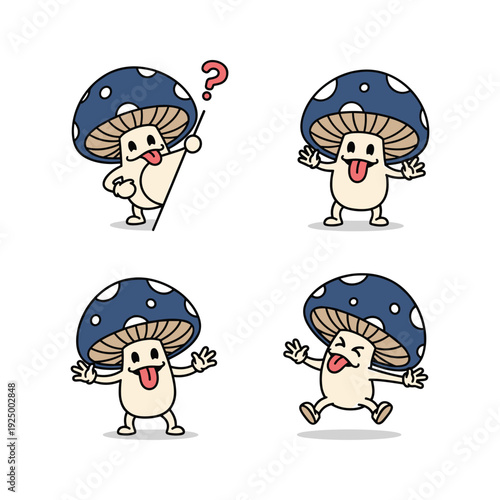 Cartoon mushroom characters expressing different emotions with copy space