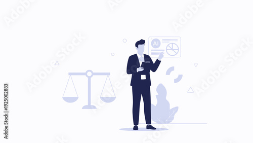 Businessman Presents AI Data Analysis with Balance Scales Icon
